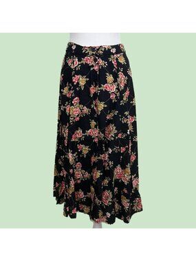 vintage 90s black pink floral boho cottagecore whimsygoth button midi skirt